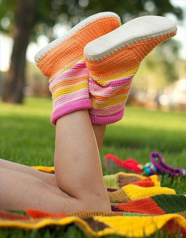 Bright color crochet slipper boots